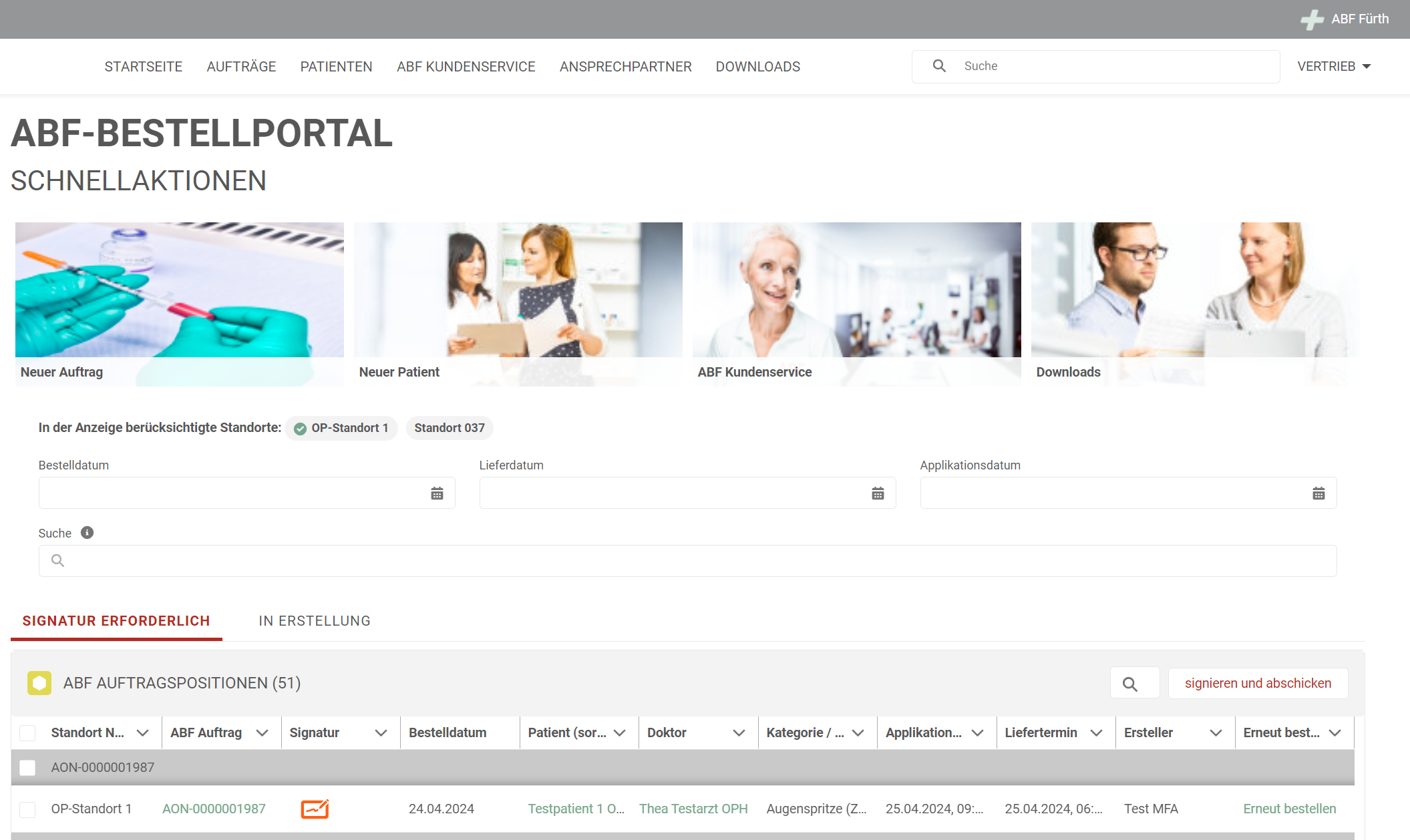 Ansicht des ABF Bestellportals für Augenarzt-Praxen